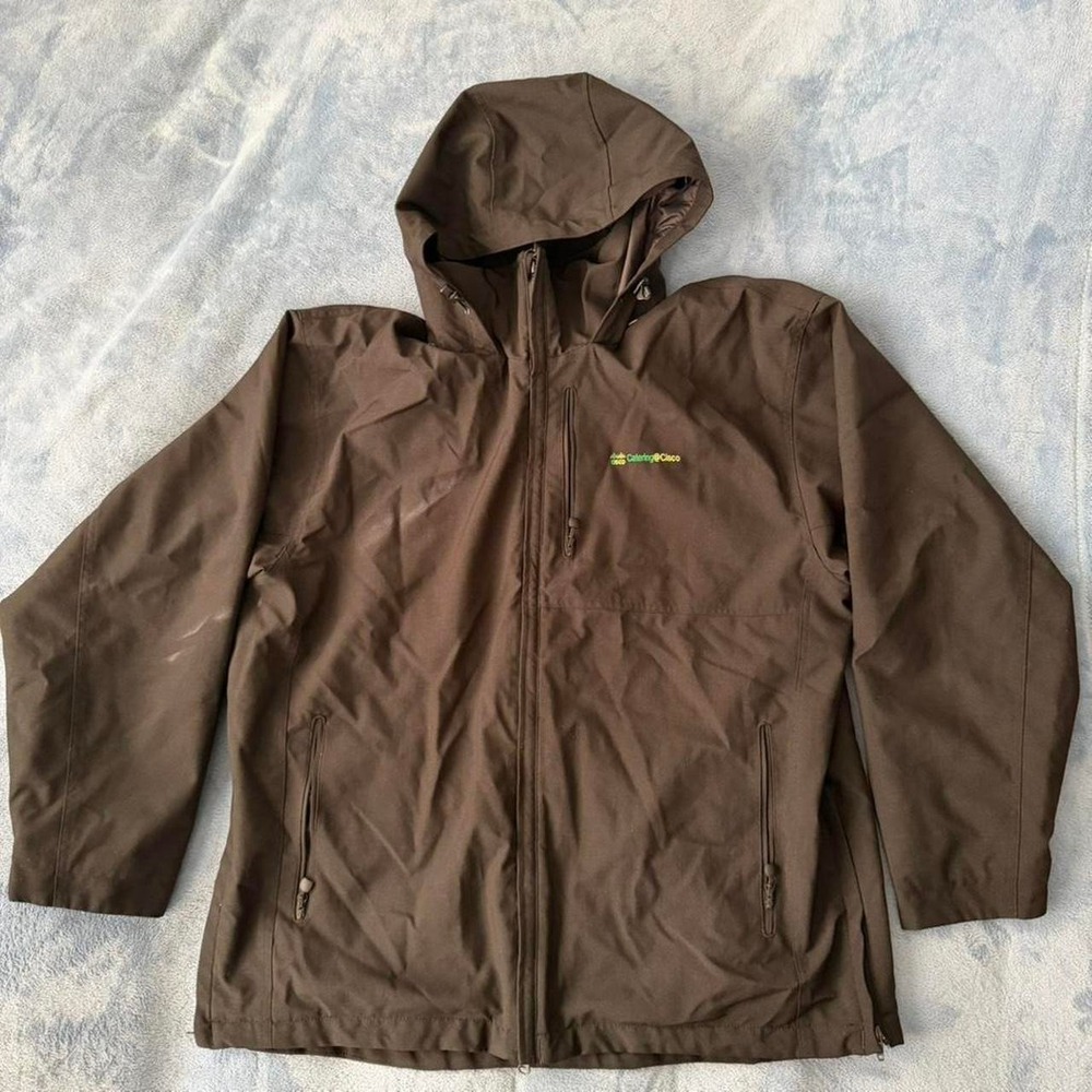 Aramark black  rain‎ jacket with hood and multiple pockets. Size L